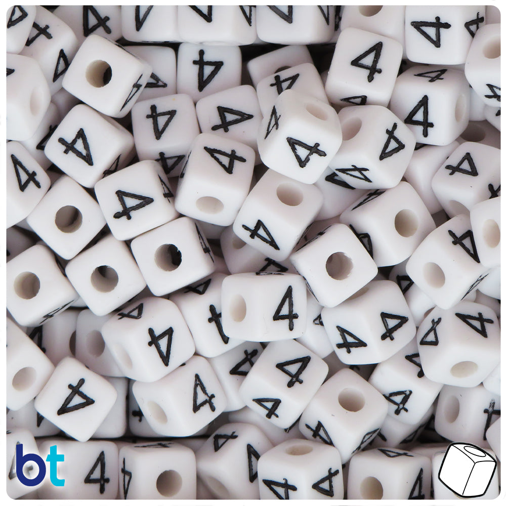 White Opaque 10mm Cube Alpha Beads - Black Number 4 (20pcs)