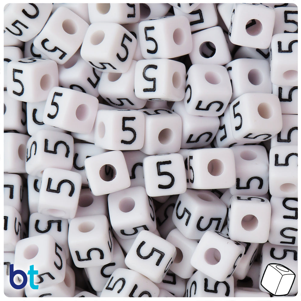 White Opaque 10mm Cube Alpha Beads - Black Number 5 (20pcs)