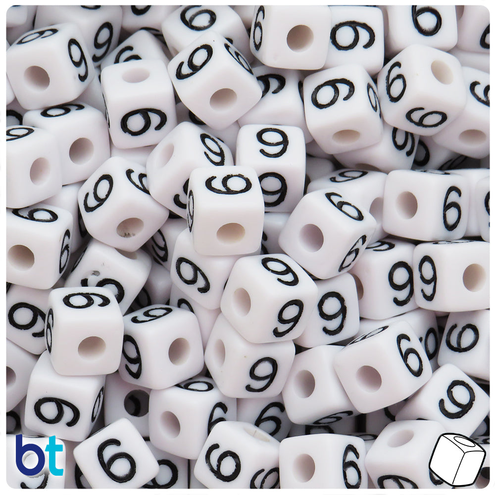 White Opaque 10mm Cube Alpha Beads - Black Number 6 or 9 (20pcs)