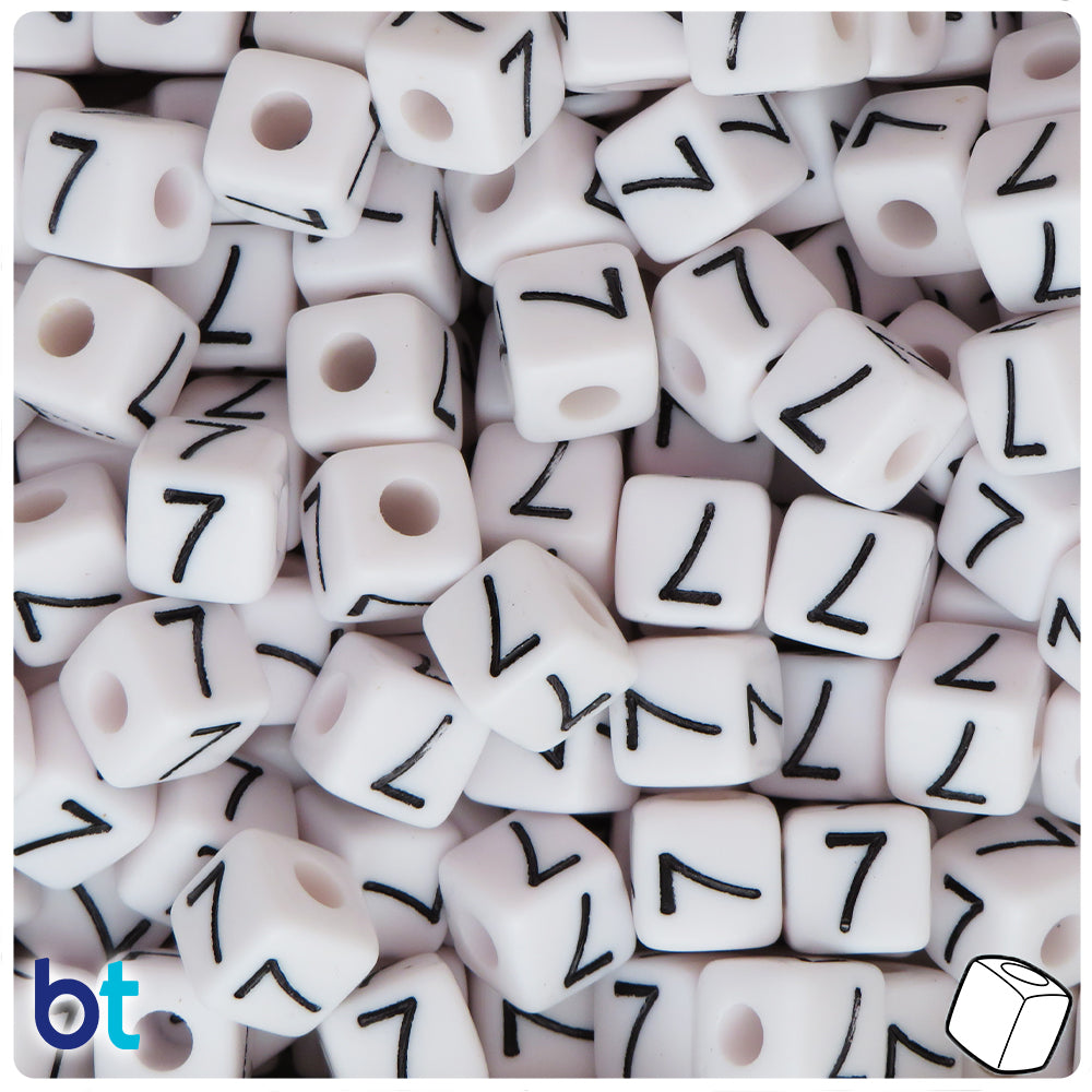 White Opaque 10mm Cube Alpha Beads - Black Number 7 (20pcs)