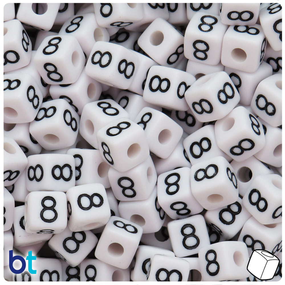White Opaque 10mm Cube Alpha Beads - Black Number 8 (20pcs)