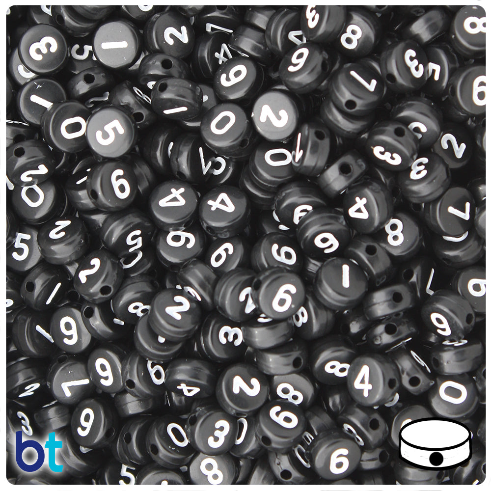 Black Opaque 7mm Coin Alpha Beads - White Number Mix (250pcs)