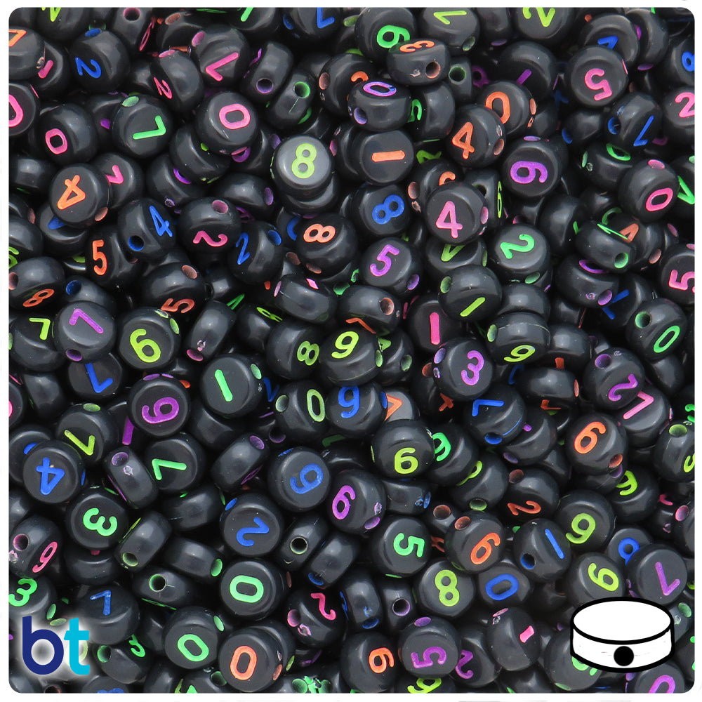 Black Opaque 7mm Coin Alpha Beads - Colored Number Mix (250pcs)
