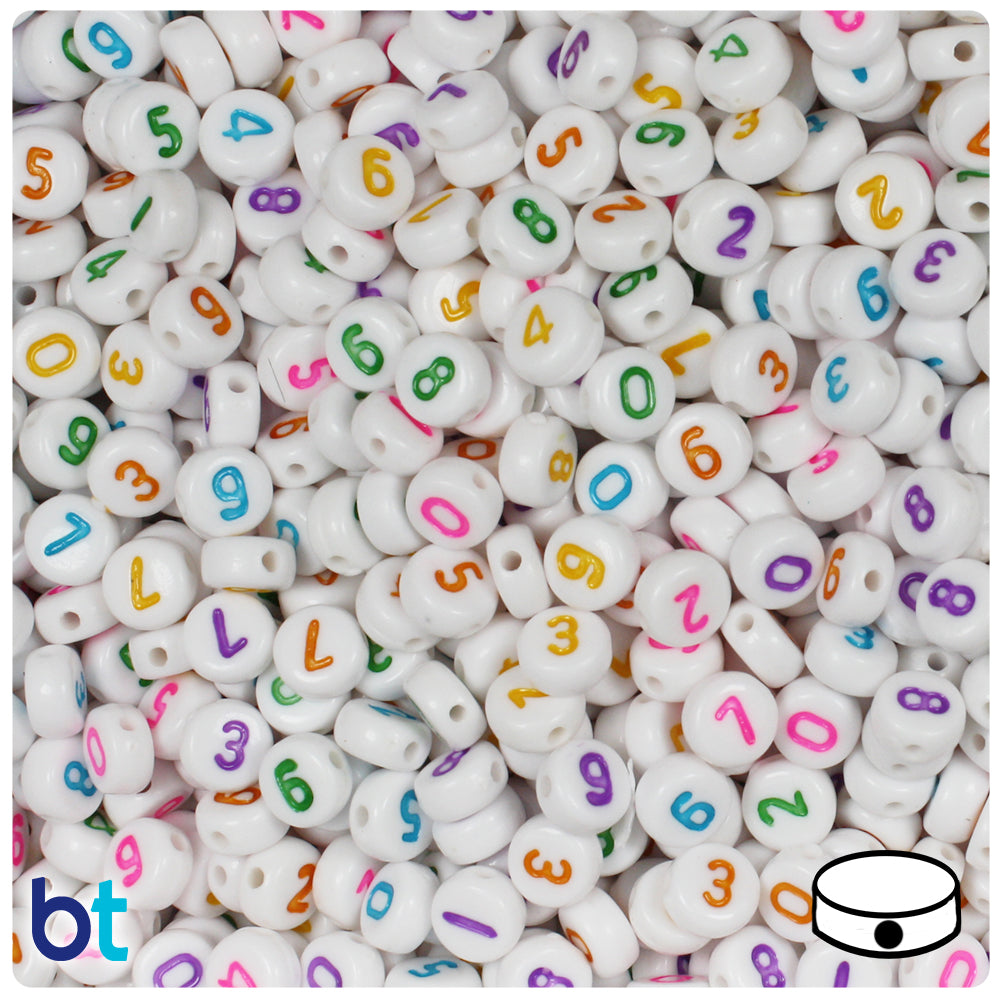 White Opaque 7mm Coin Alpha Beads - Colored Number Mix (250pcs)