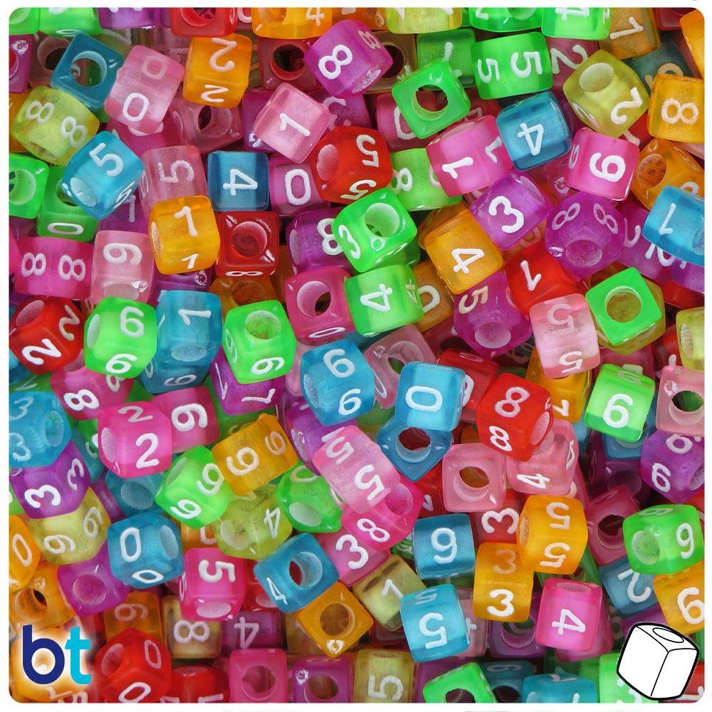 Mixed Transparent 6mm Cube Alpha Beads - White Number Mix (200pcs)