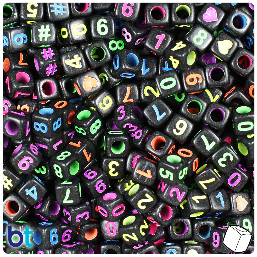 Black Opaque 6mm Cube Alpha Beads - Colored Number Mix (200pcs)
