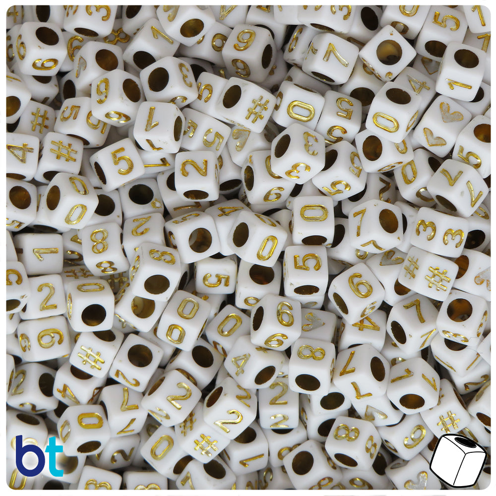 White Opaque 6mm Cube Alpha Beads - Gold Number Mix (200pcs)
