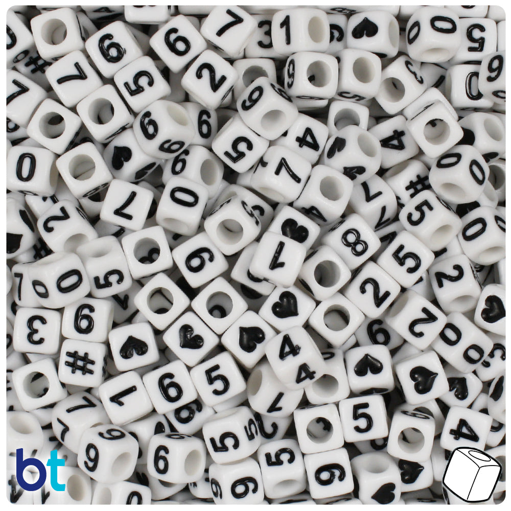 White Opaque 6mm Cube Alpha Beads - Black Number Mix (200pcs)