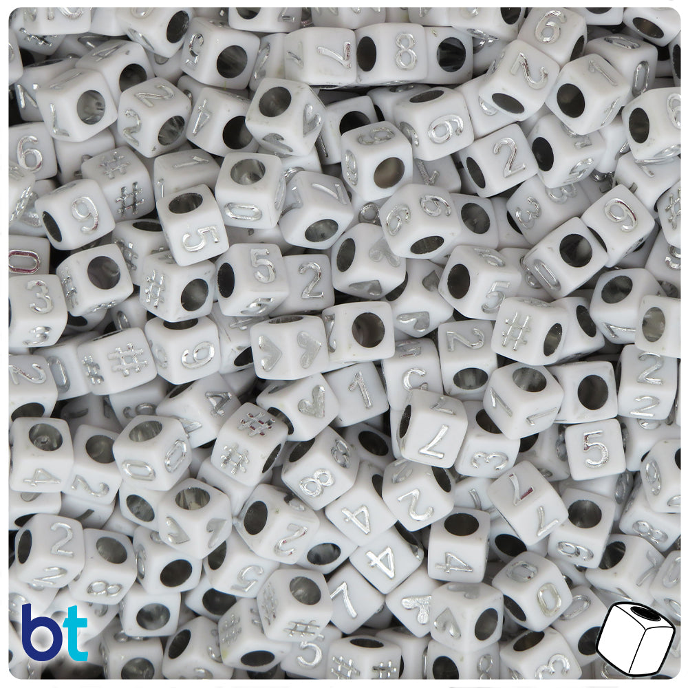 White Opaque 6mm Cube Alpha Beads - Silver Number Mix (200pcs)