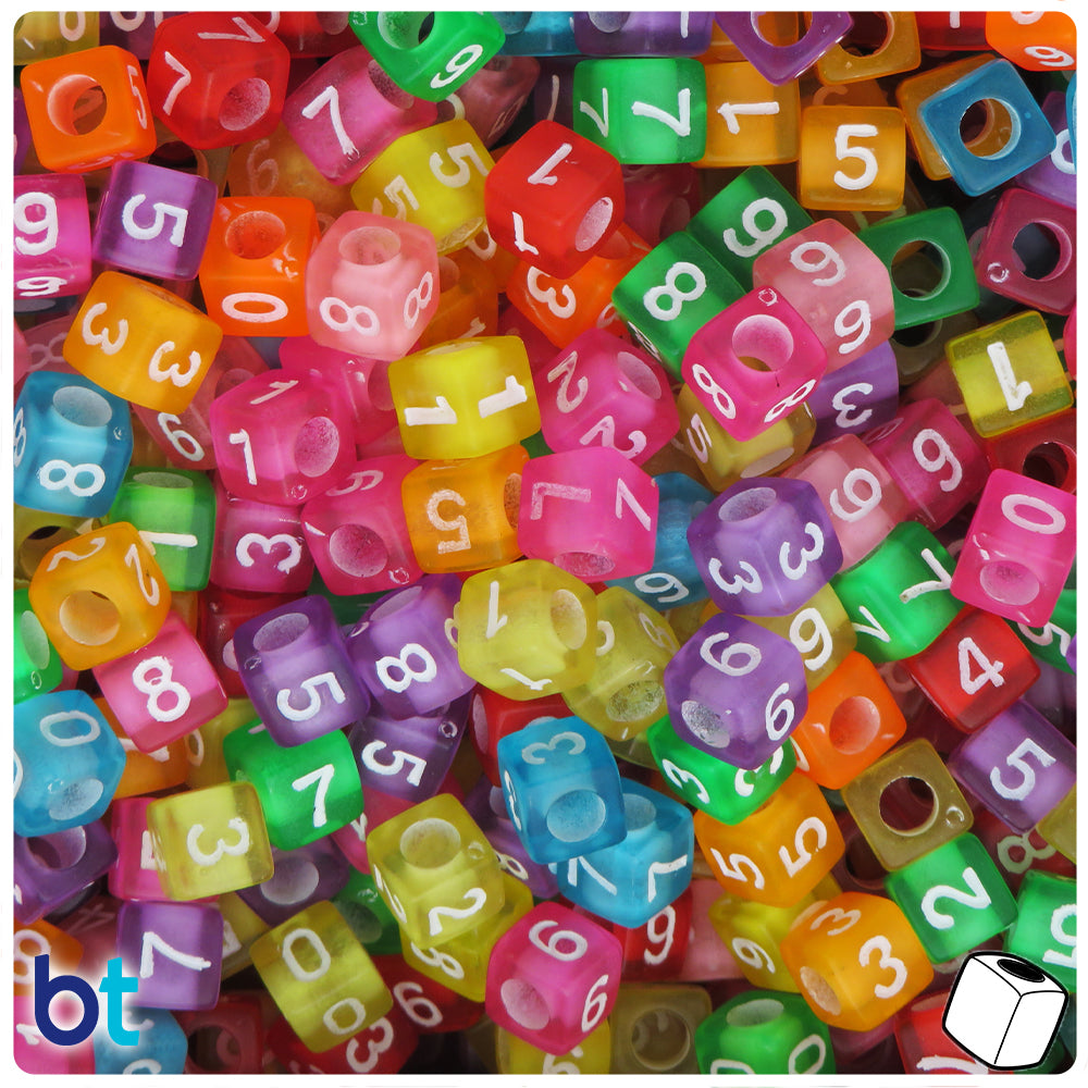 Mixed Transparent 7mm Cube Alpha Beads - White Number Mix (200pcs)