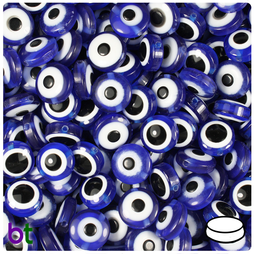 Dark Blue Transparent 10mm Flat Round Resin Beads - Evil Eye Design (100pcs)