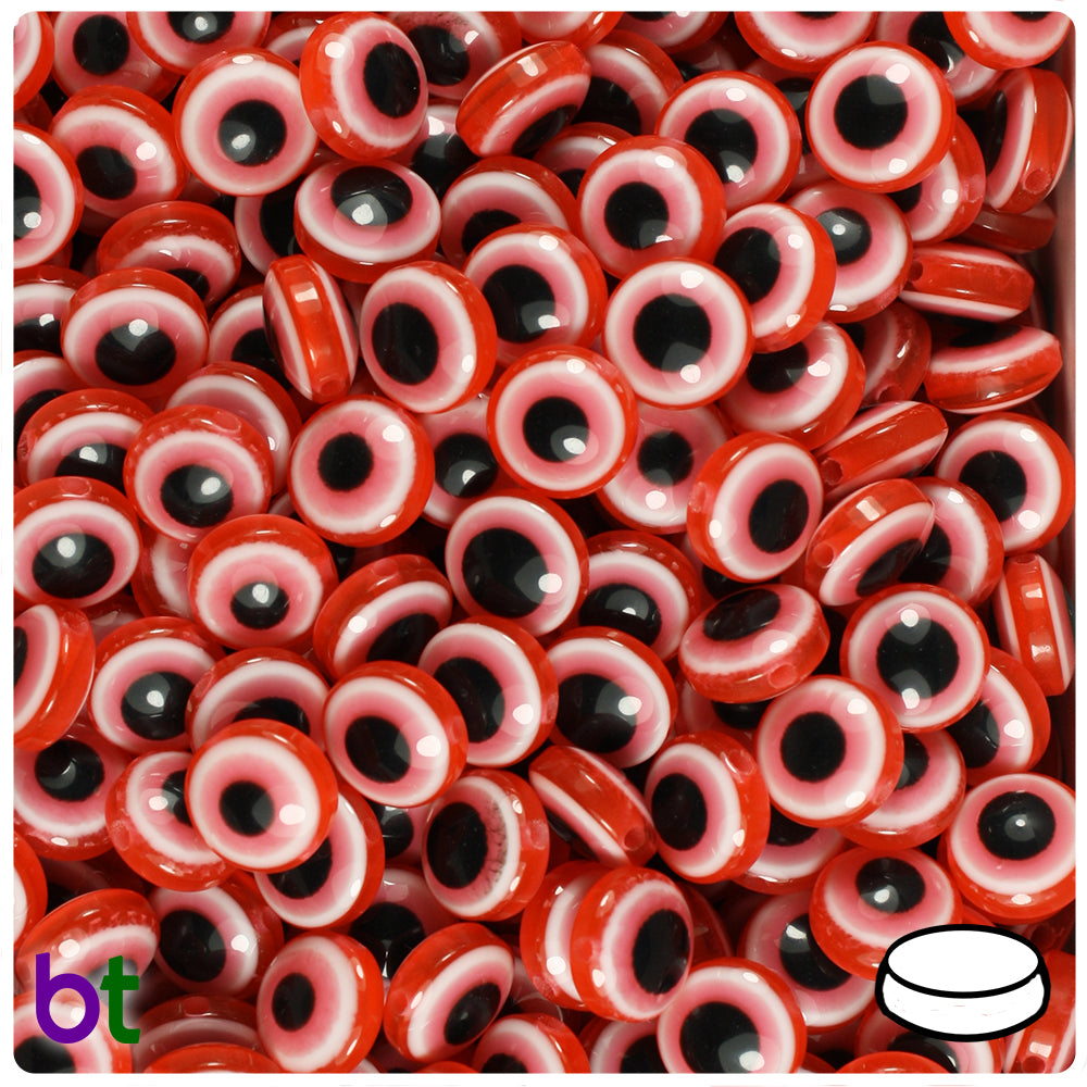 Light Red Transparent 10mm Flat Round Resin Beads - Evil Eye Design (100pcs)