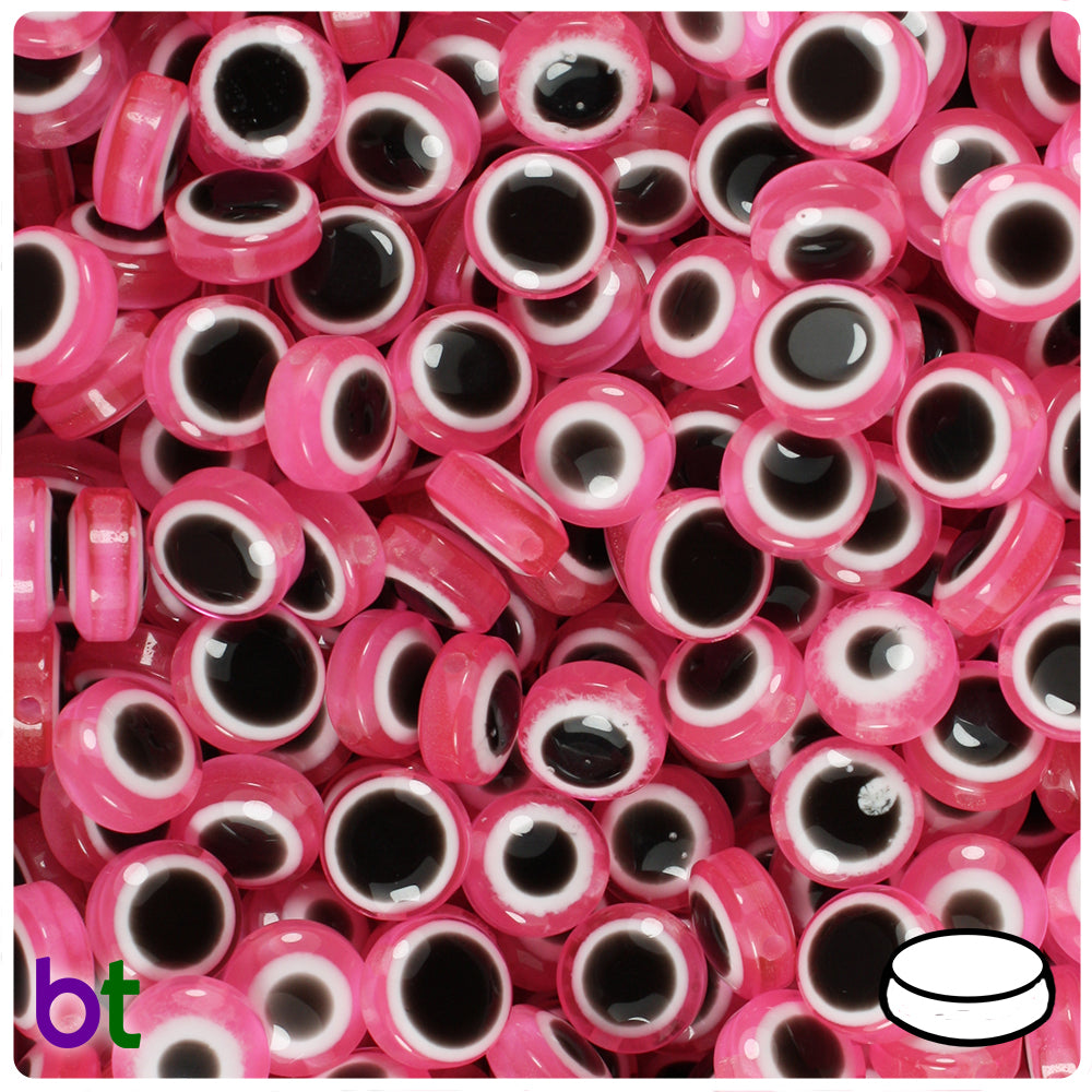 Light Pink Transparent 10mm Flat Round Resin Beads - Evil Eye Design (100pcs)