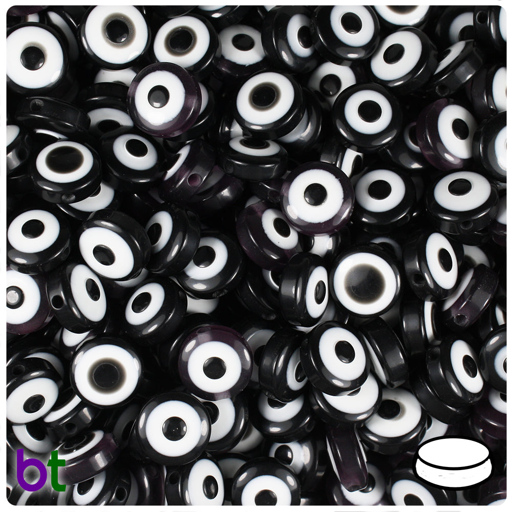 Black Transparent 10mm Flat Round Resin Beads - Evil Eye Design (100pcs)