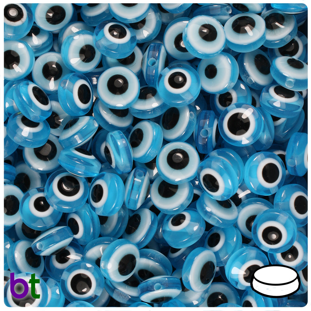 Turquoise Transparent 10mm Flat Round Resin Beads - Evil Eye Design (100pcs)