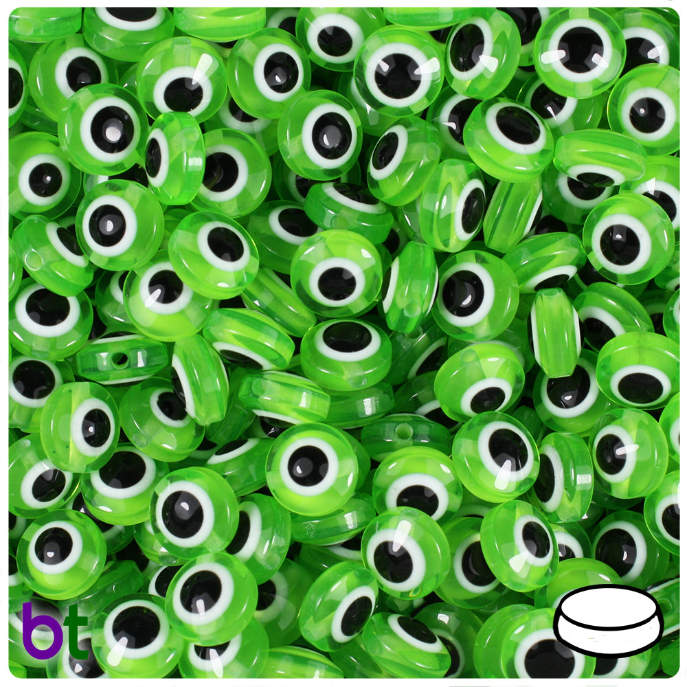 Green Transparent 10mm Flat Round Resin Beads - Evil Eye Design (100pcs)