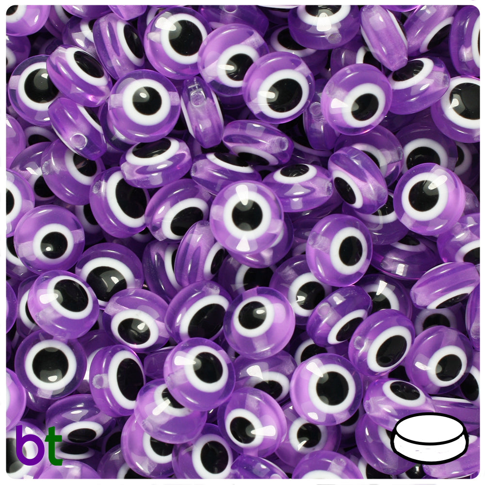 Purple Transparent 10mm Flat Round Resin Beads - Evil Eye Design (100pcs)