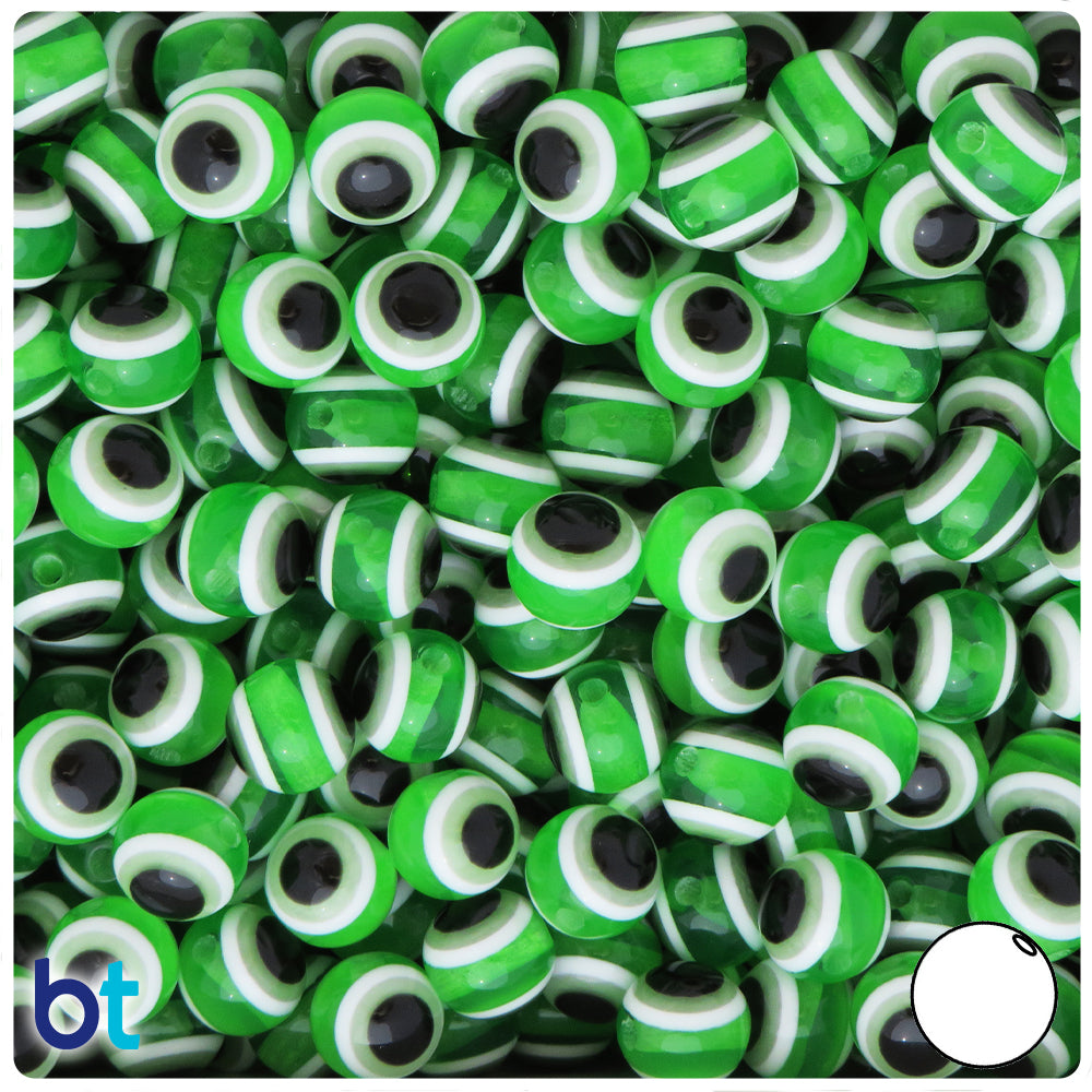 Green Transparent 10mm Round Resin Beads - Evil Eye Design (100pcs)