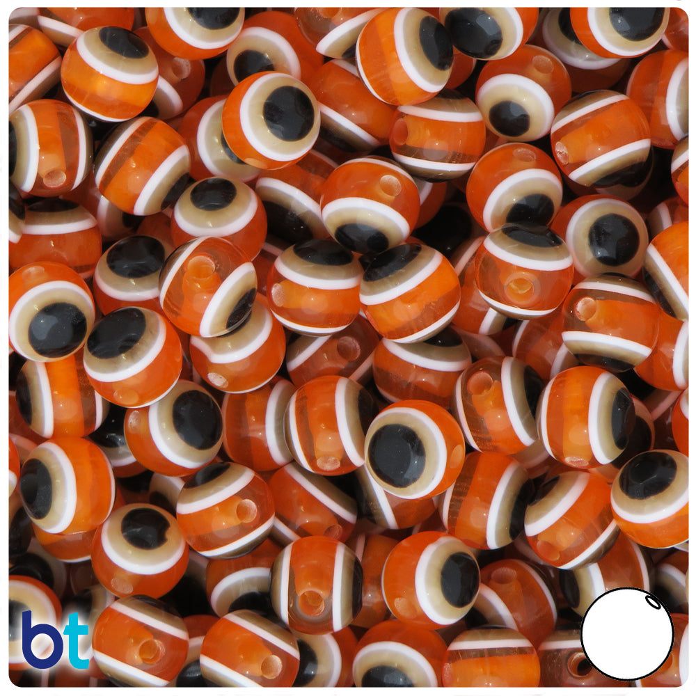 Orange Transparent 10mm Round Resin Beads - Evil Eye Design (100pcs)