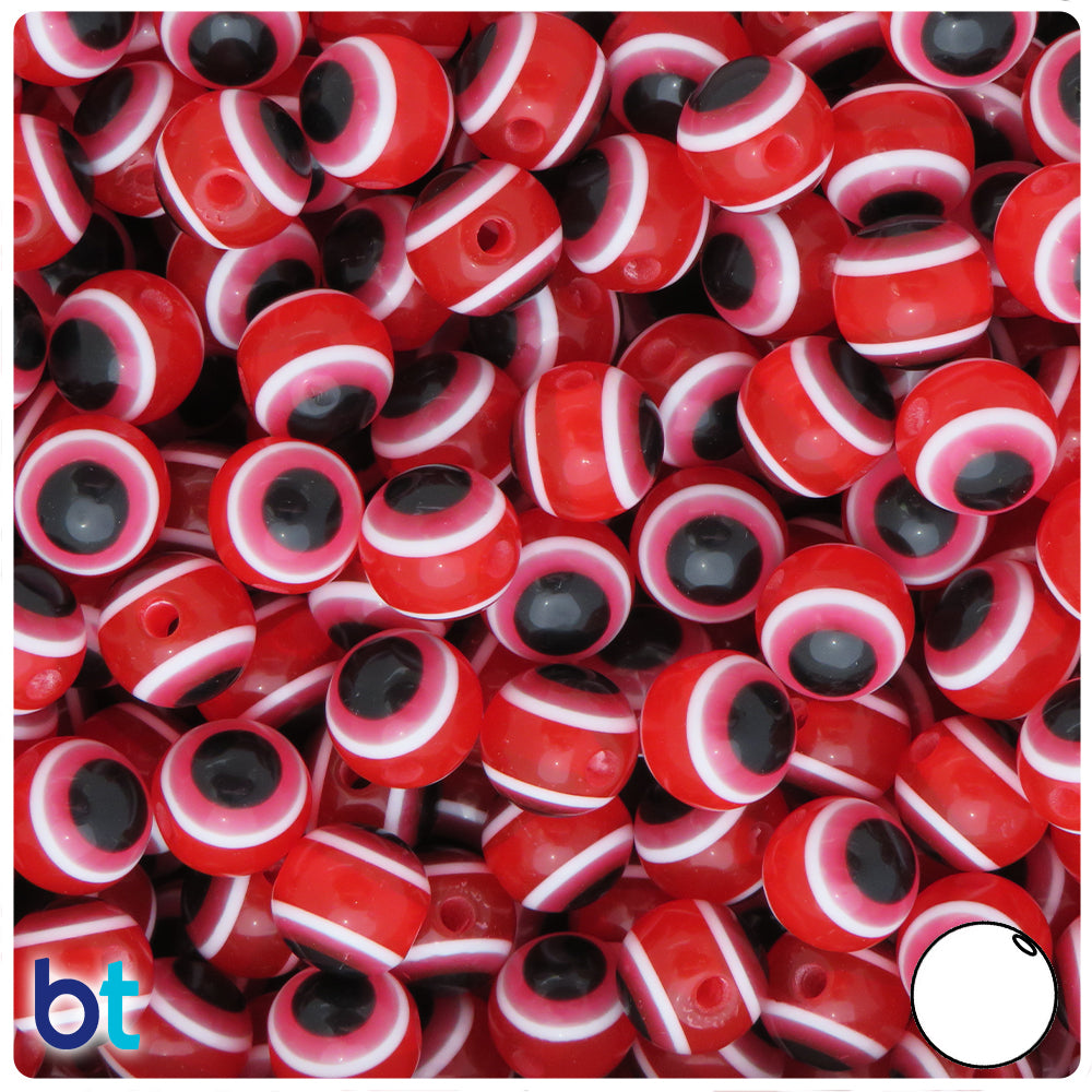Red Transparent 10mm Round Resin Beads - Evil Eye Design (100pcs)