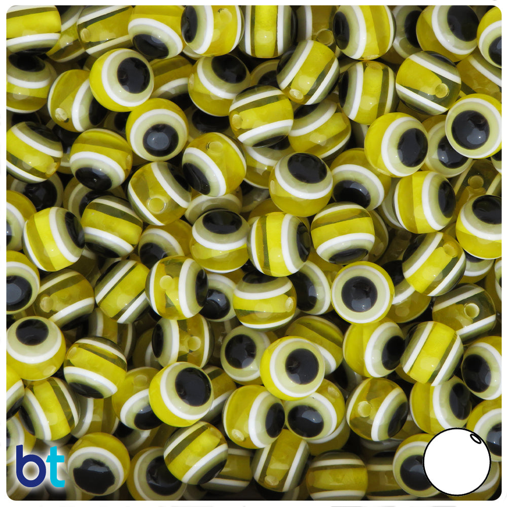 Yellow Transparent 10mm Round Resin Beads - Evil Eye Design (100pcs)