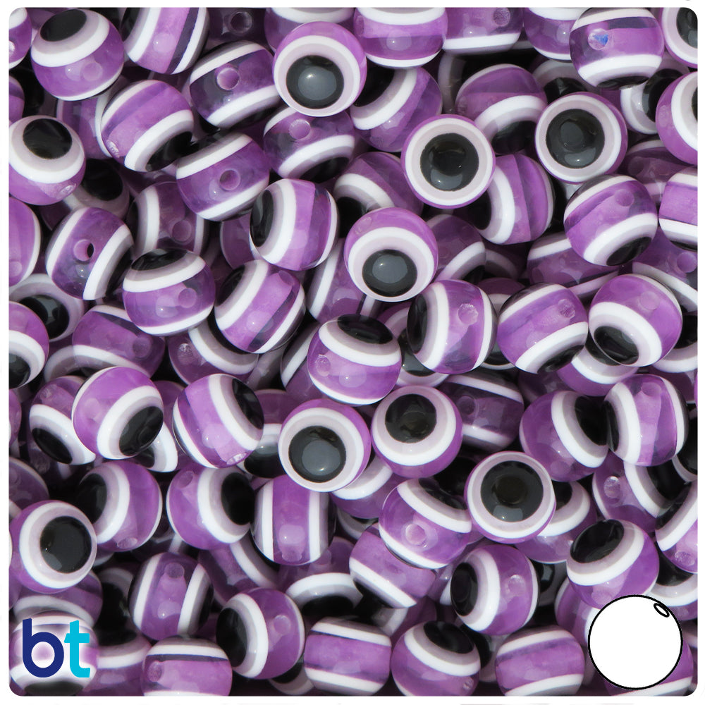 Purple Transparent 10mm Round Resin Beads - Evil Eye Design (100pcs)