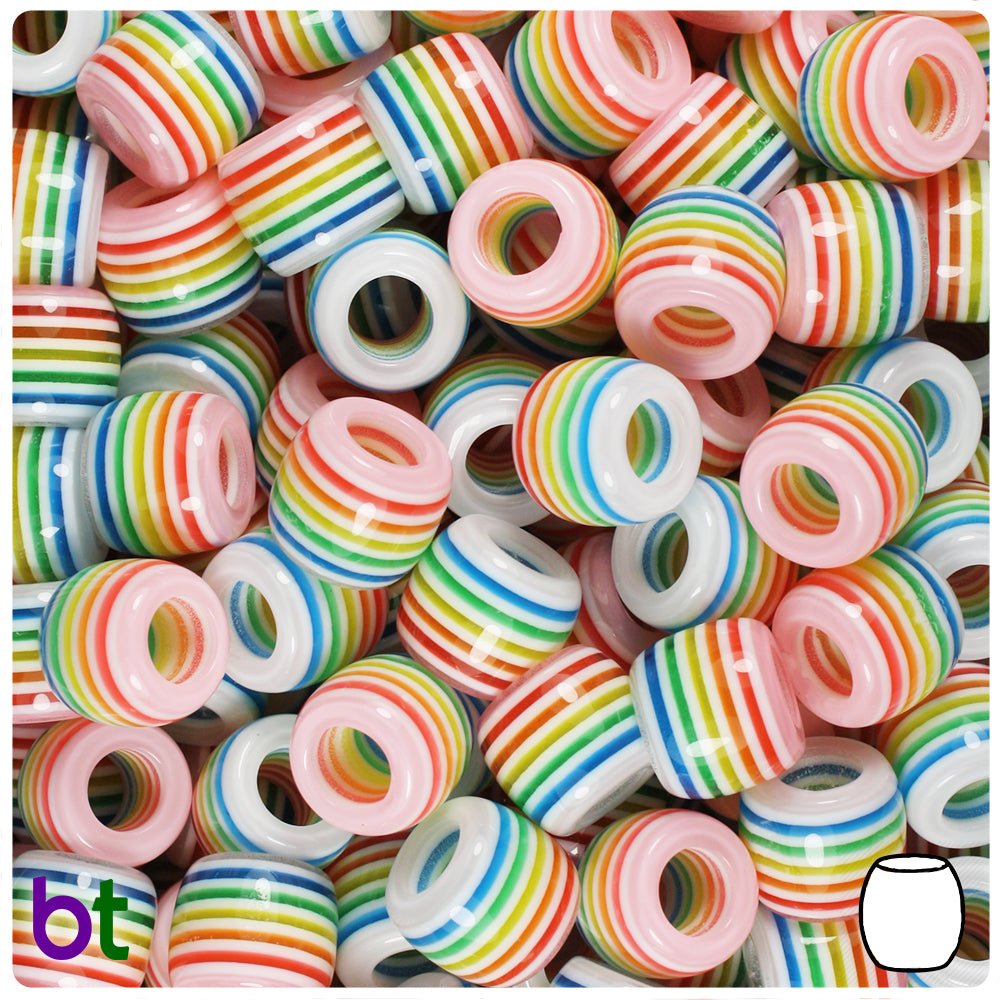 White Opaque 11mm Barrel Resin Beads - Rainbow Stripes (50pcs)