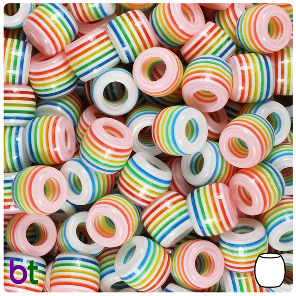 Rainbow Opaque 10mm Drum Resin Beads - White Stripes (75pcs)