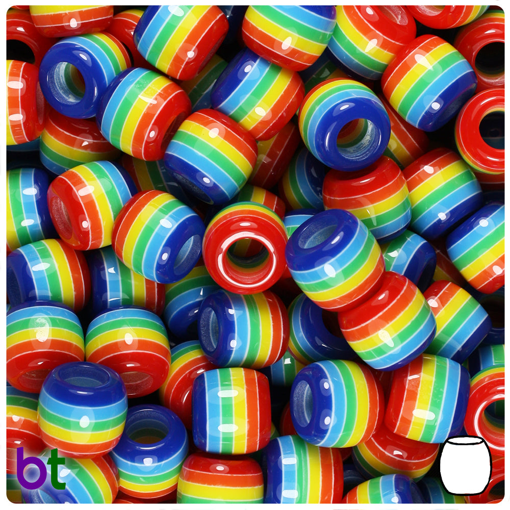 Rainbow Opaque 11mm Barrel Resin Beads - White Stripes (50pcs)