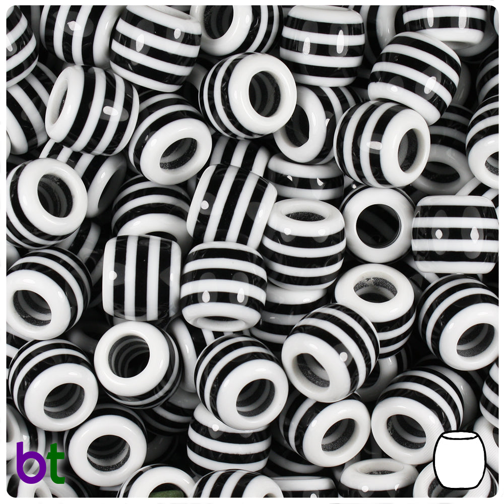 White & Black Striped Opaque 11mm Barrel Resin Beads (50pcs)