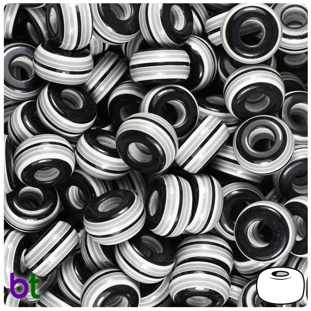Black, Grey & White Striped Opaque 14mm Rondelle Resin Beads (40pcs)