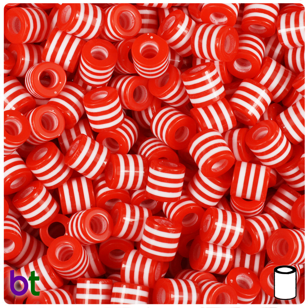 Red Opaque 8mm Drum Resin Beads - White Stripes (100pcs)