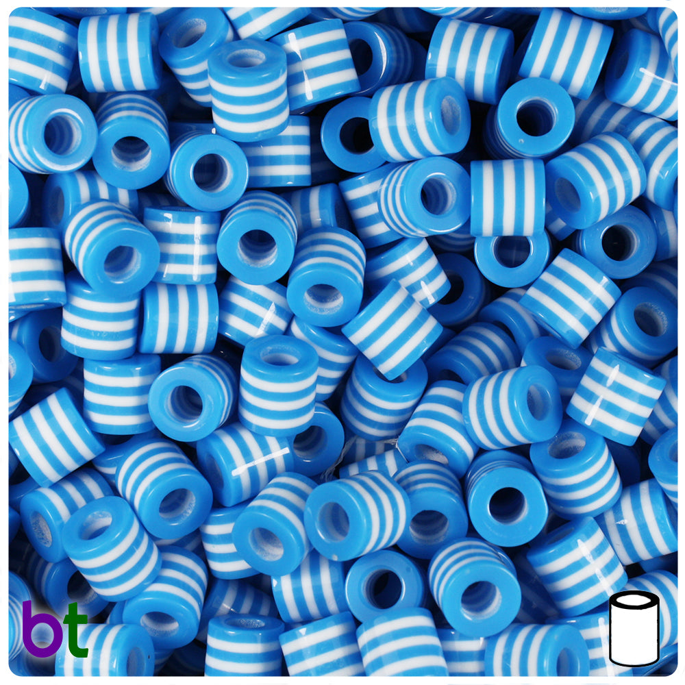 Blue Opaque 8mm Drum Resin Beads - White Stripes (100pcs)