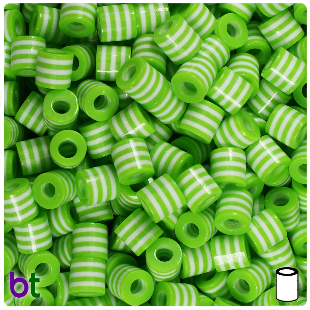 Light Green Opaque 8mm Drum Resin Beads - White Stripes (100pcs)