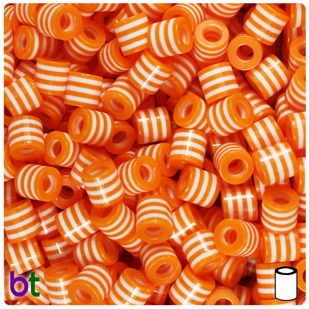 Orange Opaque 8mm Drum Resin Beads - White Stripes (100pcs)