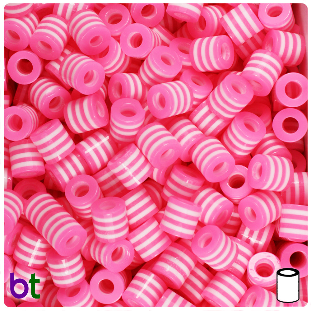 Light Pink Opaque 8mm Drum Resin Beads - White Stripes (100pcs)