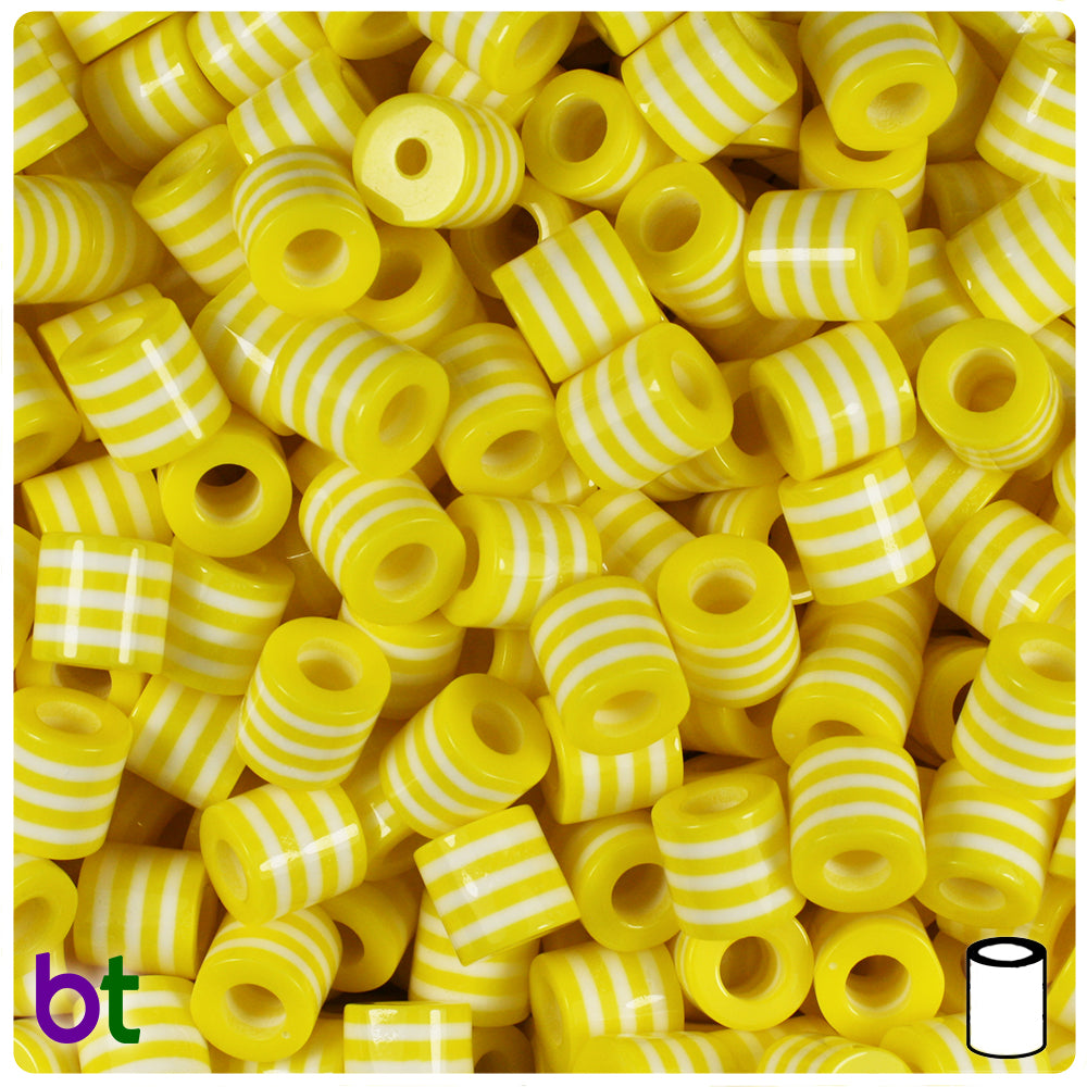 Yellow Opaque 8mm Drum Resin Beads - White Stripes (100pcs)