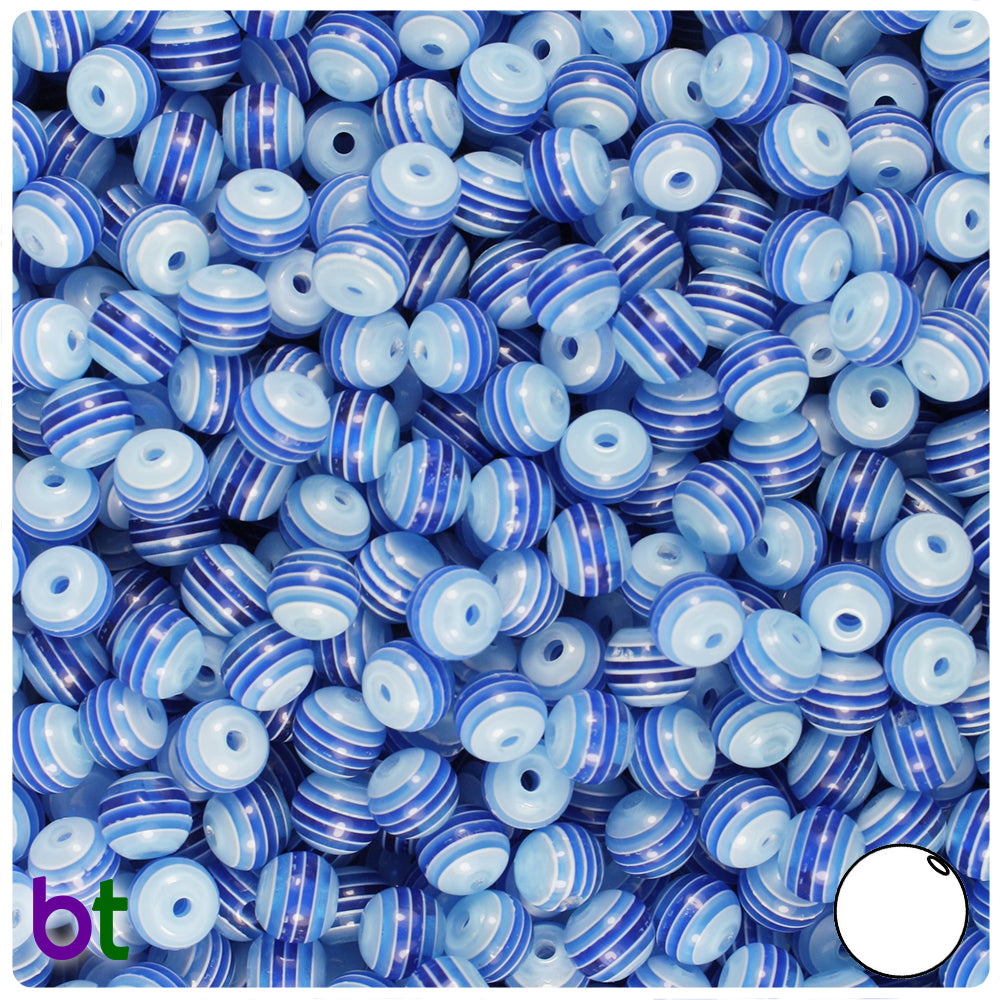 Blue Transparent 6mm Round Resin Beads - White Stripes (150pcs)