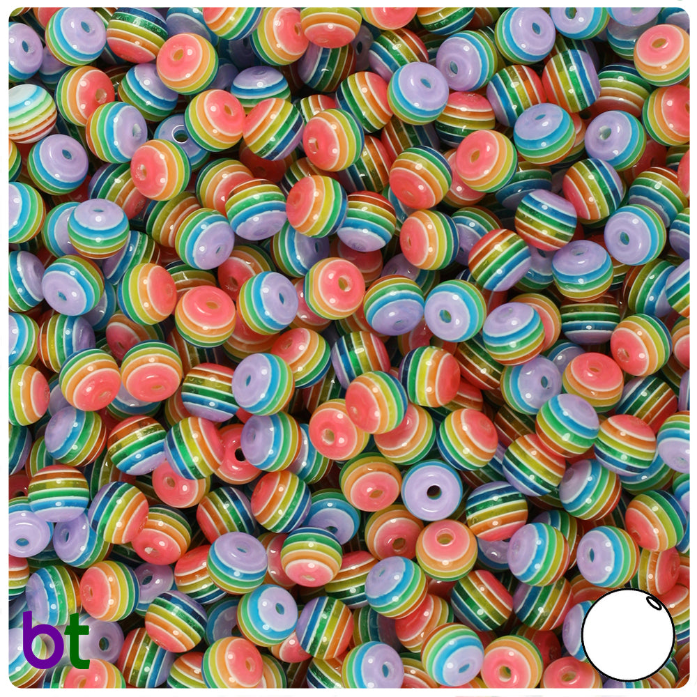 Rainbow Transparent 6mm Round Resin Beads - White Stripes (150pcs)