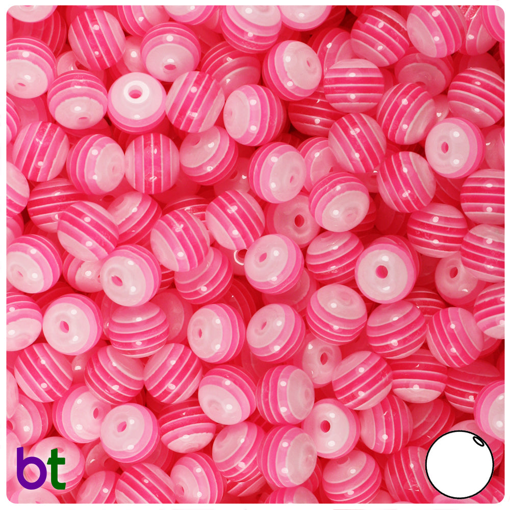 Pink Transparent 8mm Round Resin Beads - White Stripes (120pcs)