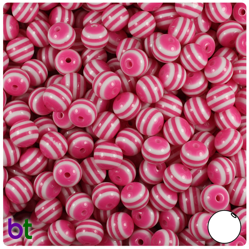 Dark Pink Opaque 8mm Round Resin Beads - White Stripes (120pcs)