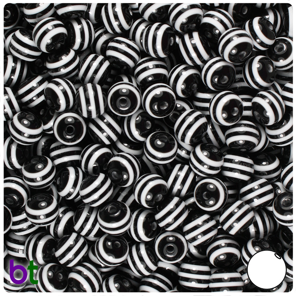 Black Opaque 8mm Round Resin Beads - White Stripes (120pcs)