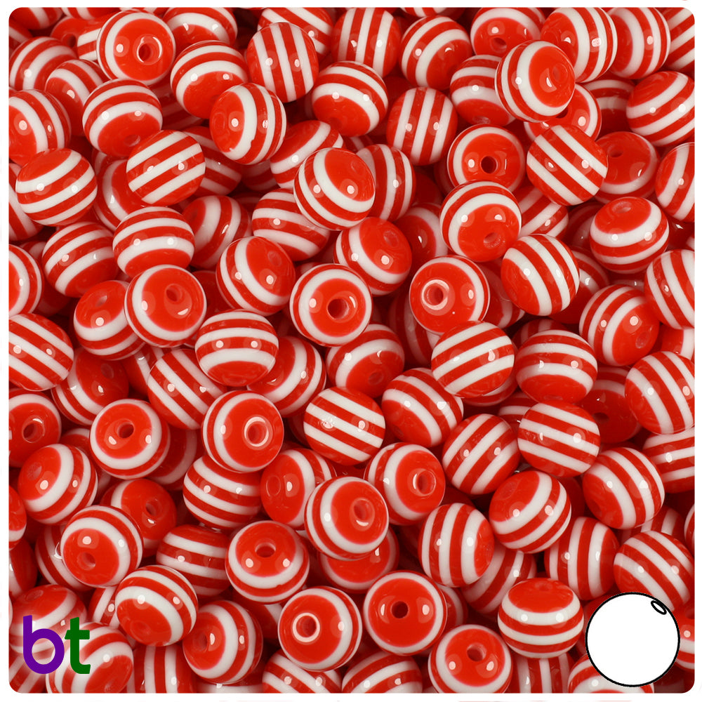Red Opaque 8mm Round Resin Beads - White Stripes (120pcs)