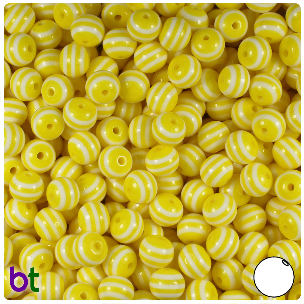Yellow Opaque 8mm Round Resin Beads - White Stripes (120pcs)