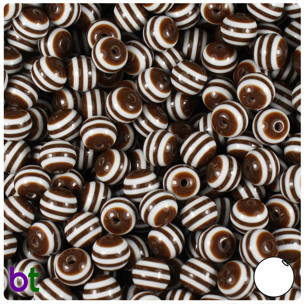 Brown Opaque 8mm Round Resin Beads - White Stripes (120pcs)