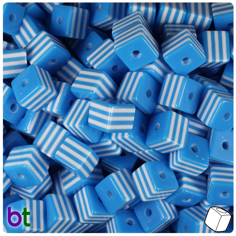Blue Opaque 8mm Cube Resin Beads - White Stripes (100pcs)