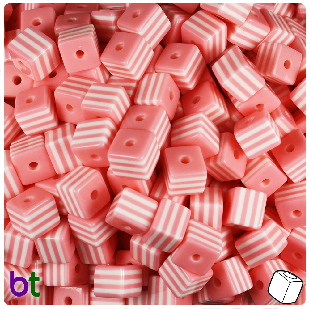 Light Pink Opaque 8mm Cube Resin Beads - White Stripes (100pcs)