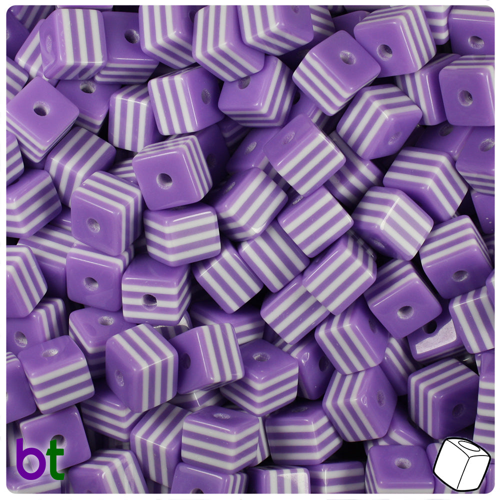 Purple Opaque 8mm Cube Resin Beads - White Stripes (100pcs)