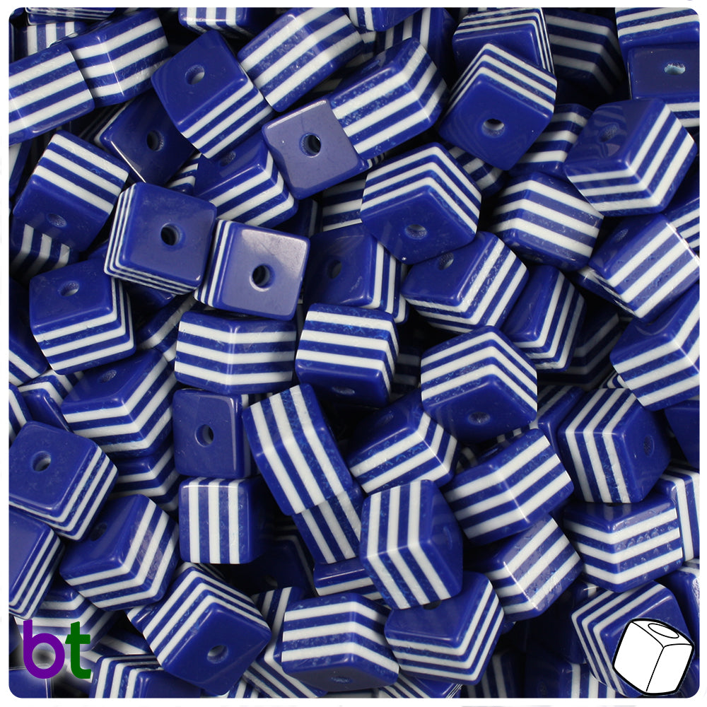 Dark Blue Opaque 8mm Cube Resin Beads - White Stripes (100pcs)