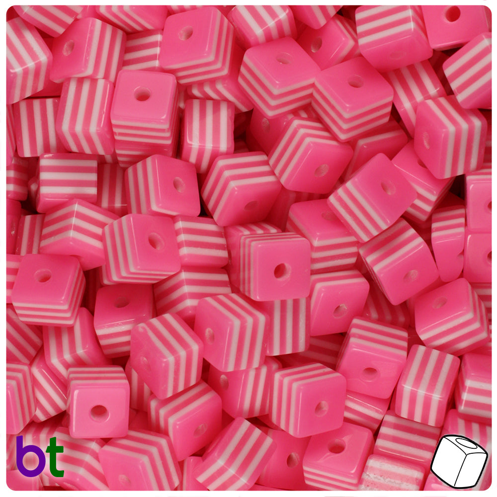 Dark Pink Opaque 8mm Cube Resin Beads - White Stripes (100pcs)